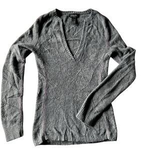 Athleta Grey Fuzzy V Neck Sweater Pink Stitching Detail Women's Size S